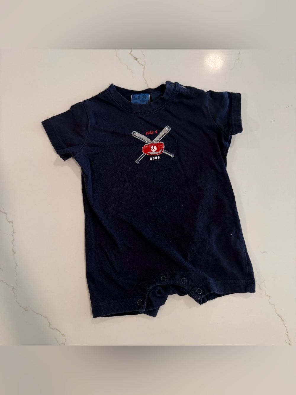 Navy One-Piece Bodysuit with Red Baseball Emblem